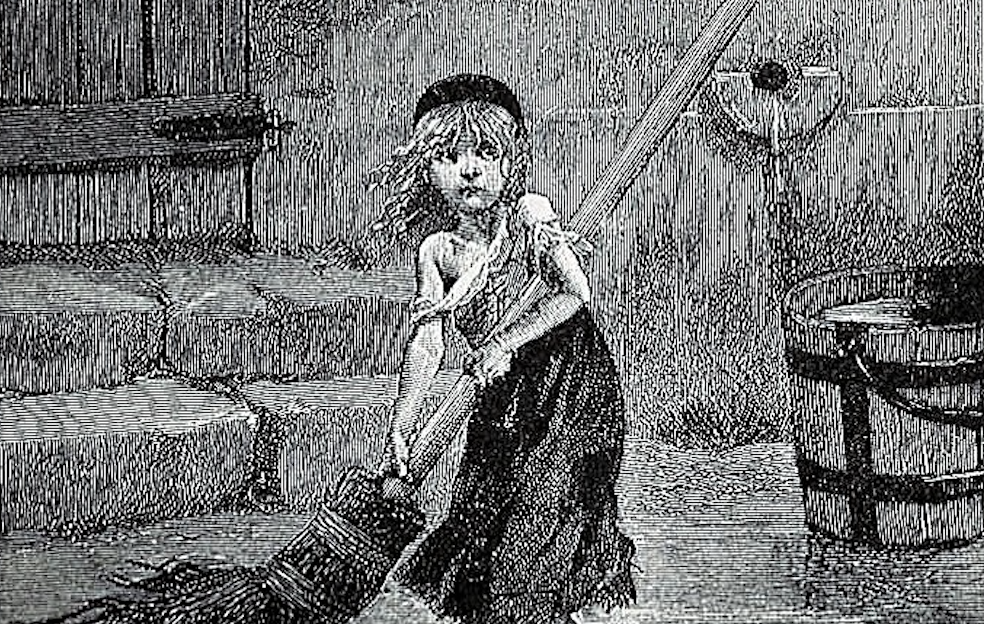 Victor Hugo's original illustration representing Cosette, a little girl with a broom