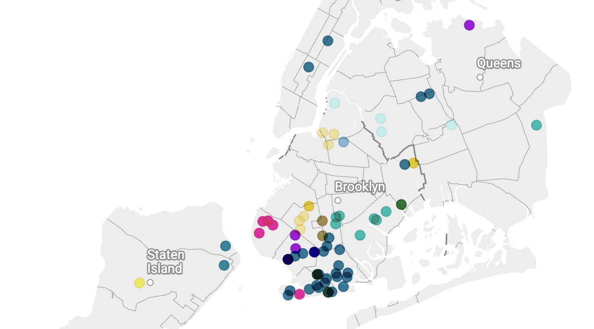 a map of NYC with a multitude of colored circles representing poll s ites that offer language assistance